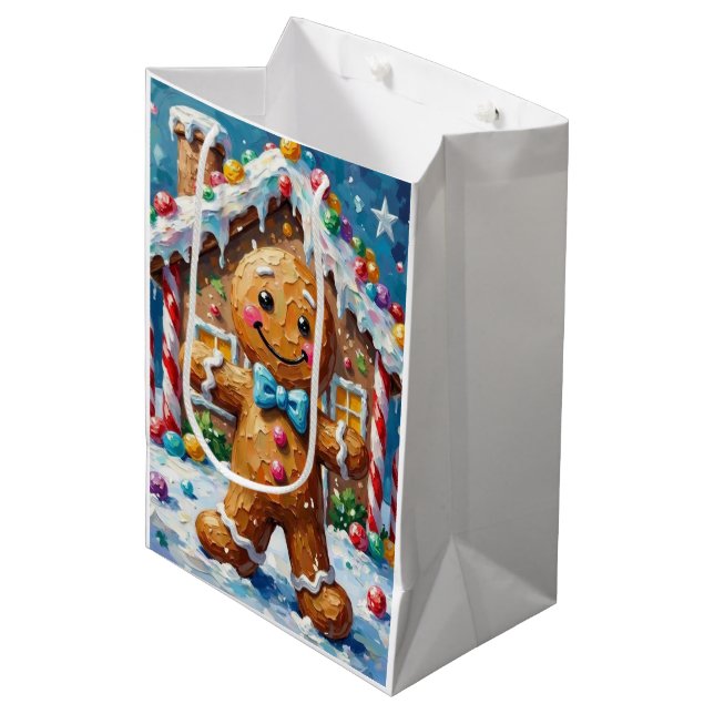 Cute Gingerbread Man Cheerful Christmas Cookie Art Medium Gift Bag (Front Angled)