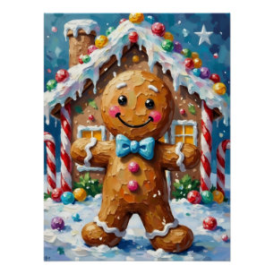 Cute Gingerbread Man Cheerful Christmas Cookie Art Poster