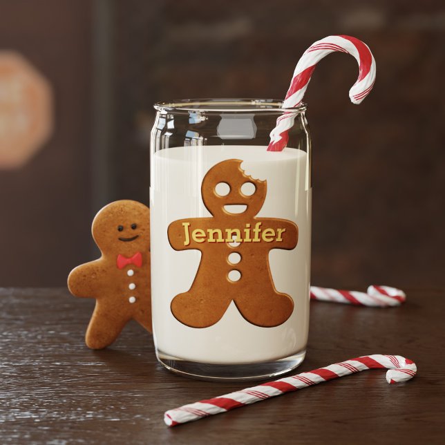 Cute Gingerbread Man Cookie Christmas Can Glass (Fun and festive set of gingerbread men glasses with space for your name. )