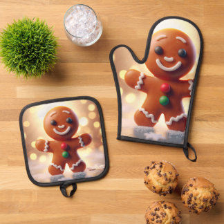 Cute gingerbread man cookie oven mitt & pot holder set