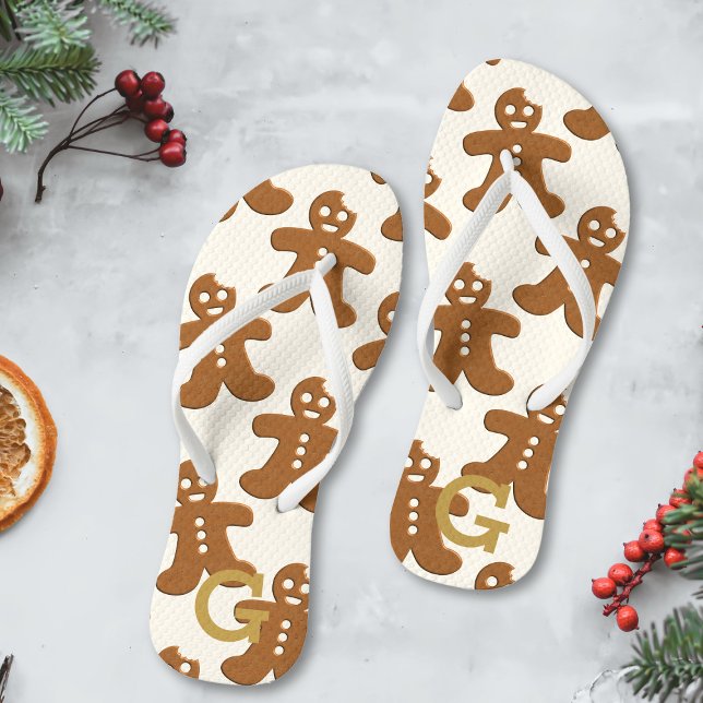 Cute Gingerbread Man Cookie Pattern Festive Jandals (Gingerbread cookies? Yes please! Just add your initial)