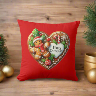 Cute Gingerbread Man Heart Merry Christmas Red  Cushion