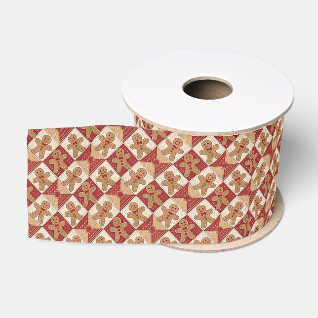 Cute Gingerbread Man Patchwork Christmas Grosgrain Ribbon (Spool)