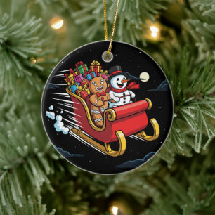Cute Gingerbread Man & Snowman's Magical Christmas Ceramic Tree Decoration