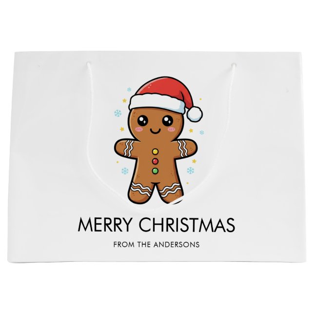 Cute Gingerbread Man with Santa Hat Christmas Large Gift Bag (Front)