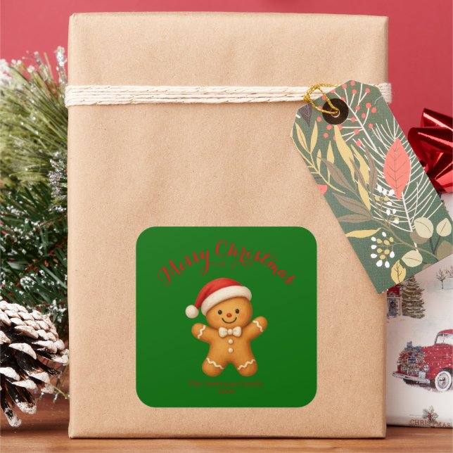 Cute Gingerbread Man with Santa Hat -  Square Sticker (Holiday)