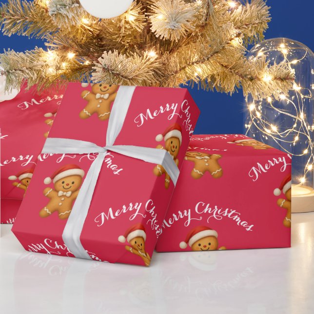 Cute Gingerbread Man with Santa Hat -  Wrapping Paper (Holidays)