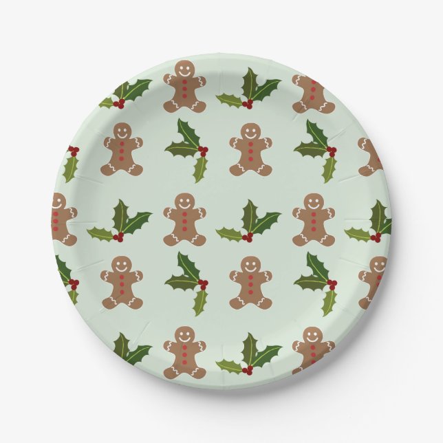 Cute Gingerbread Men and Holly Pattern Christmas Paper Plate (Front)