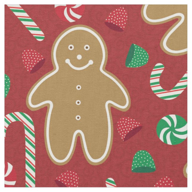 Cute Gingerbread Men Gumdrops Candy Cane on Red Fabric (Close Up)