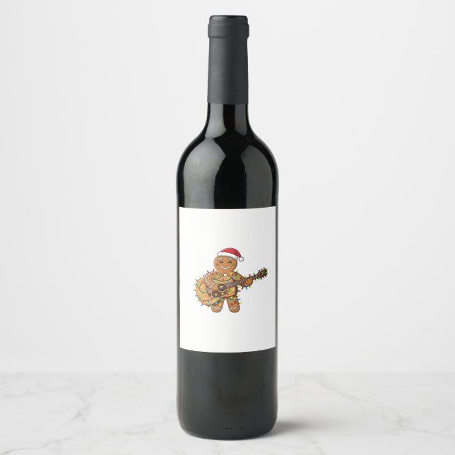 Cute Gingerbread Musician Playing Guitar   Wine Label (Front)