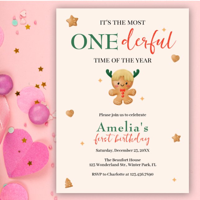 Cute Gingerbread Onederful Christmas 1st Birthday Invitation (Creator Uploaded)