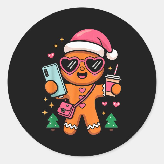 Cute Gingerbread Taking Selfie Christmas Pajama To Classic Round Sticker (Front)
