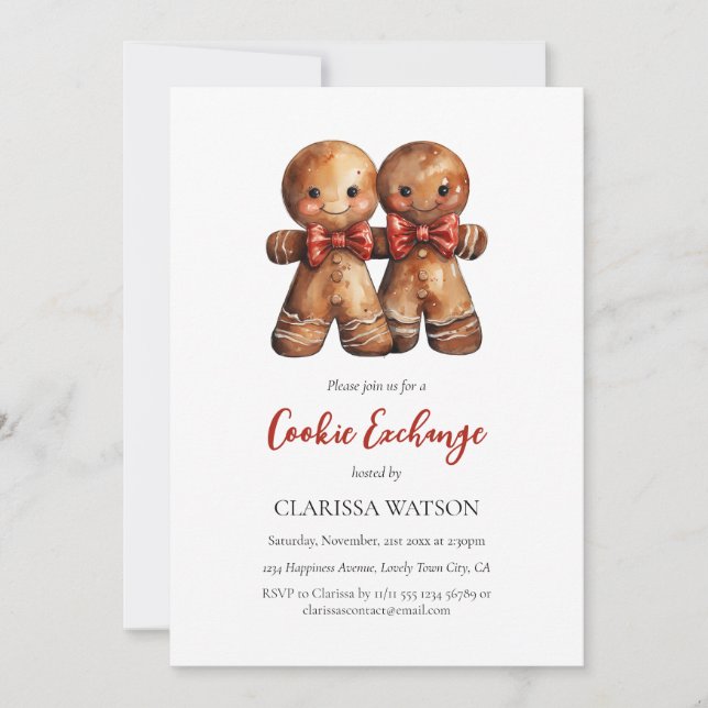 Cute Gingerbread Watercolor Cookie Exchange  Invitation (Front)