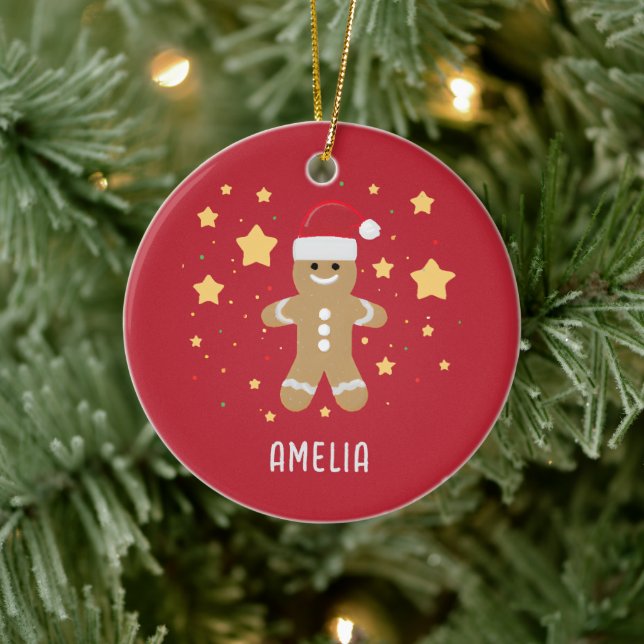 Cute Gingerbread woman and stars Personalised Name Ceramic Tree Decoration (Tree)