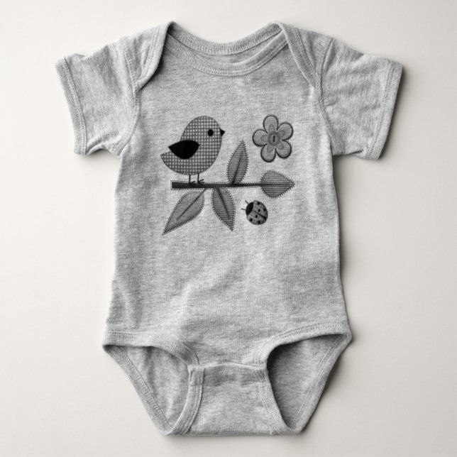 Cute Gingham Bird and Ladybug Garden Art Baby Bodysuit (Front)