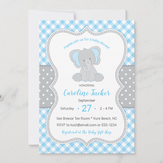 Cute Gingham Blue Grey Elephant Baby Shower Invitation (Front)