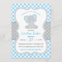 Cute Gingham Blue Grey Elephant Baby Shower