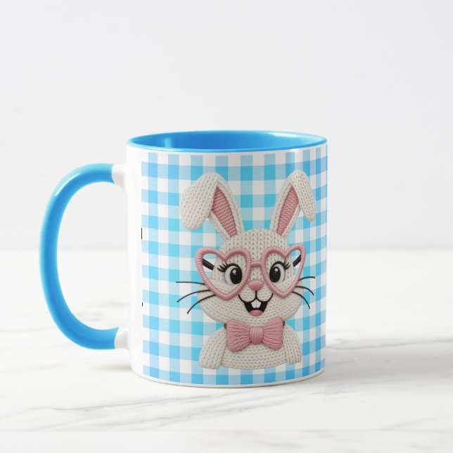 Cute Gingham Bunny Pink Heart Glasses  Mug (Left)