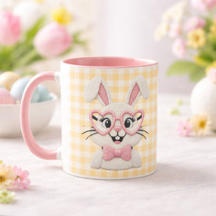 Cute Gingham Bunny Pink Heart Glasses Mug