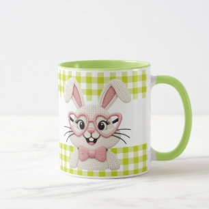 Cute Gingham Bunny Pink Heart Glasses Mug