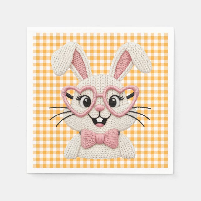 Cute Gingham Bunny Pink Heart Glasses  Napkin (Front)