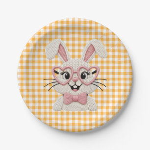 Cute Gingham Bunny Pink Heart Glasses Paper Plate