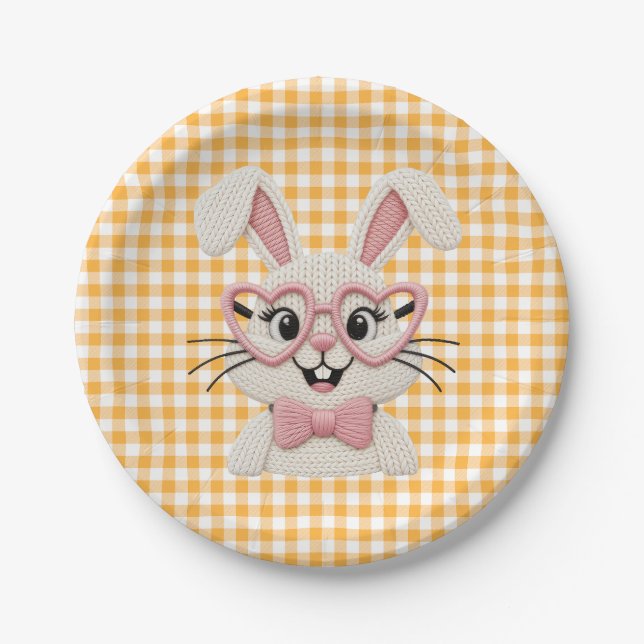 Cute Gingham Bunny Pink Heart Glasses  Paper Plate (Front)