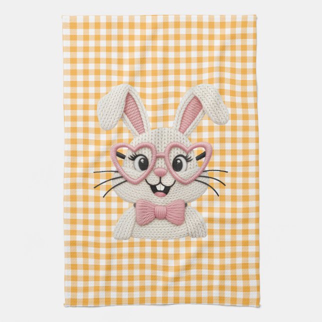 Cute Gingham Bunny Pink Heart Glasses  Tea Towel (Vertical)