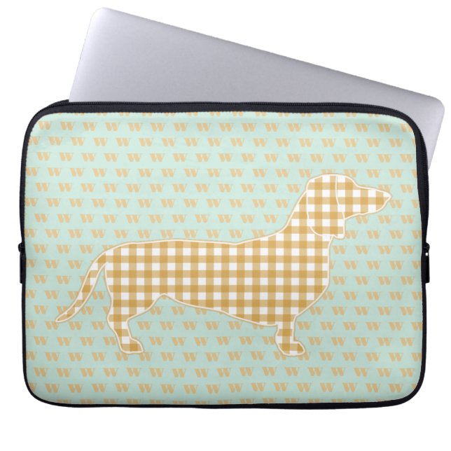 Cute Gingham Dachshund Monogram Duck Egg Blue Laptop Sleeve (Front)