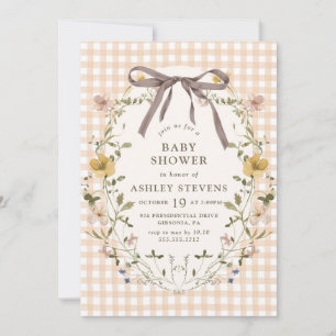 Cute Gingham Fall Floral Neutral Baby Shower Invitation