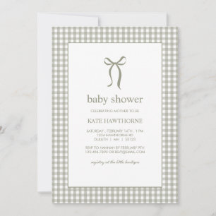 Cute Gingham Green Bow Gender Neutral Baby Shower Invitation