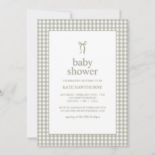 Cute Gingham Green Bow Gender Neutral Baby Shower Invitation