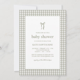 Cute Gingham Green Bow Gender Neutral Baby Shower Invitation
