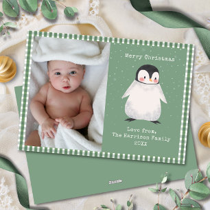 Cute Gingham Green Simple Family Photo Holiday Card