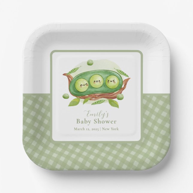 Cute Gingham Greenery Sweet Pea In Pod Baby Shower Paper Plate (Front)