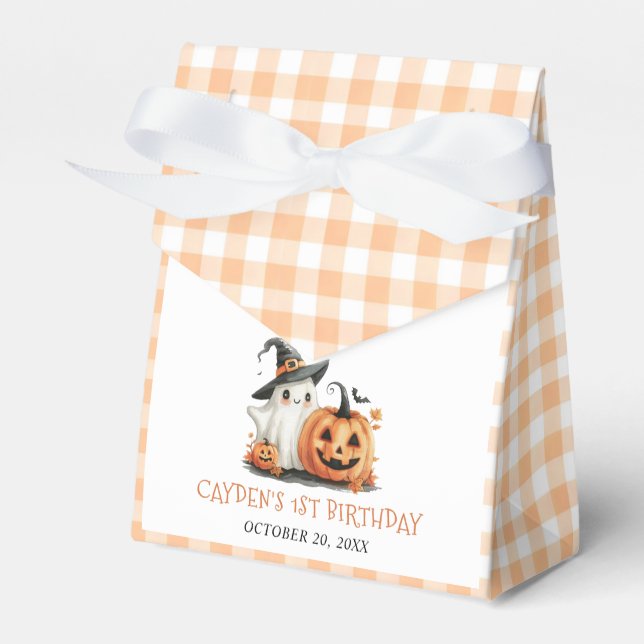 Cute Gingham Halloween Ghost 1st Birthday Favour Box (Front Side)