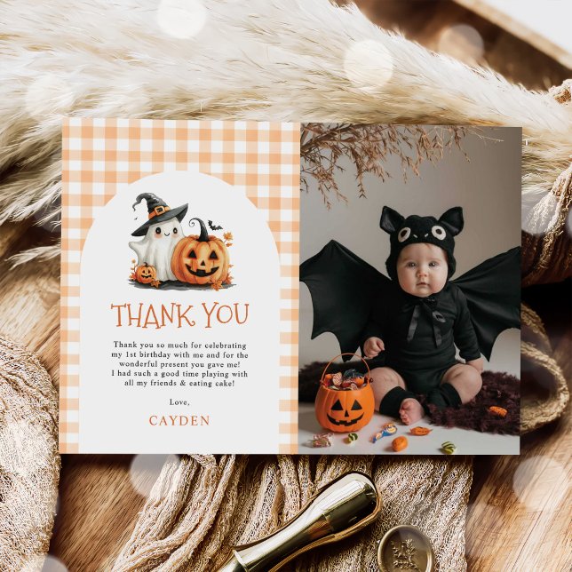 Cute Gingham Halloween Ghost 1st Birthday Photo Thank You Card (Creator Uploaded)