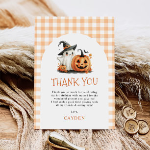 Cute Gingham Halloween Ghost 1st Birthday Thank You Card