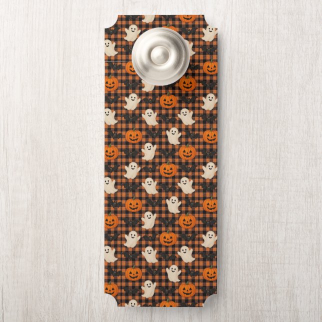 Cute, gingham halloween ghost pumpkin bats  door hanger (On Knob)