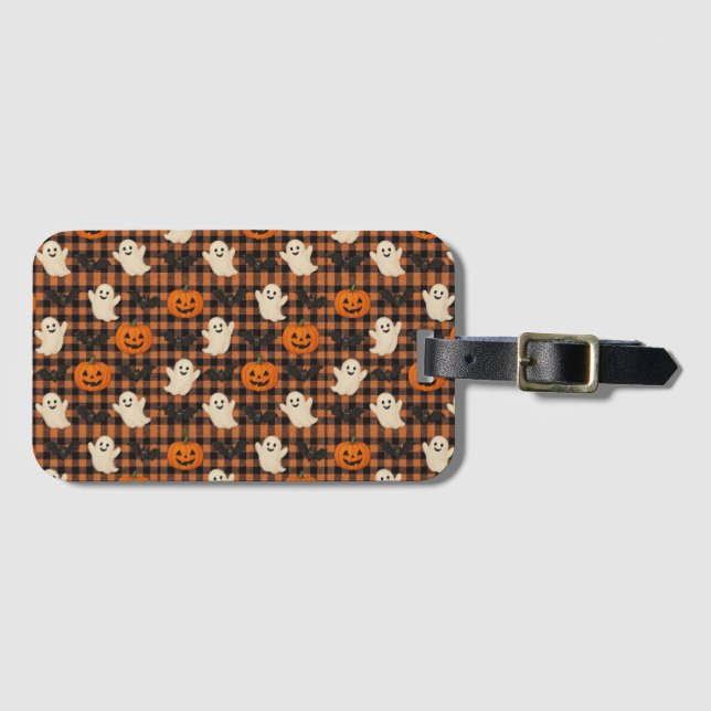 Cute, gingham halloween ghost pumpkin bats  luggage tag (Front Horizontal)