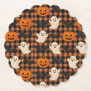 Cute, gingham halloween ghost pumpkin bats paper coaster