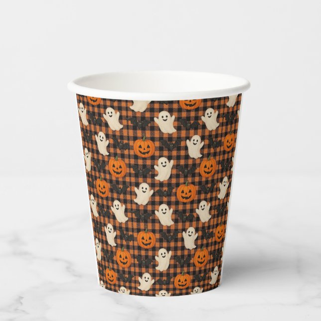 Cute, gingham halloween ghost pumpkin bats  paper cups (Front)