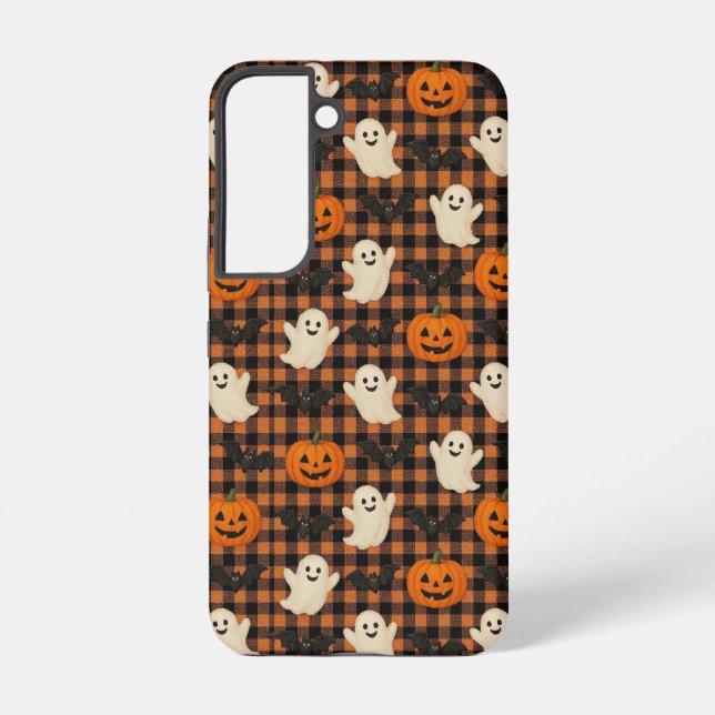 Cute, gingham halloween ghost pumpkin bats  samsung galaxy s22 case (Back)