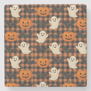 Cute, gingham halloween ghost pumpkin bats stone coaster