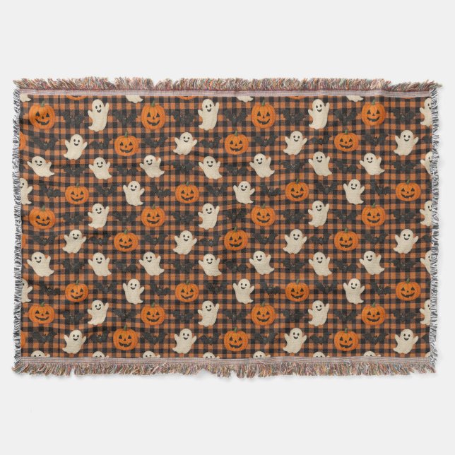 Cute, gingham halloween ghost pumpkin bats  throw blanket (Front)