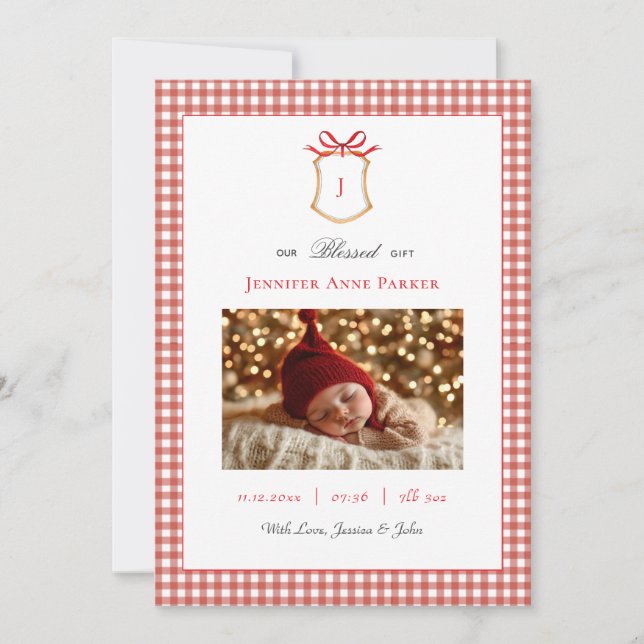 Cute Gingham Monogrammed Christmas Birth Announcement (Front)