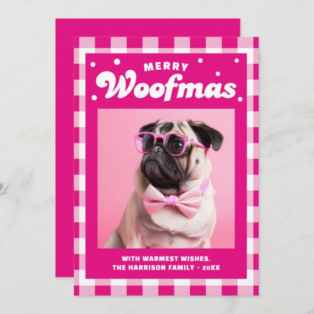 Cute Gingham Pattern Merry Woofmas Holiday Card (Front/Back)