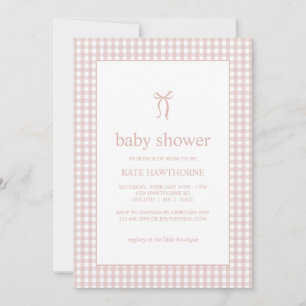 Cute Gingham Pink Bow Girl Baby Shower Invitation