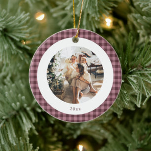 Cute Gingham Plum Plaid Custom Photo Christmas Ceramic Tree Decoration