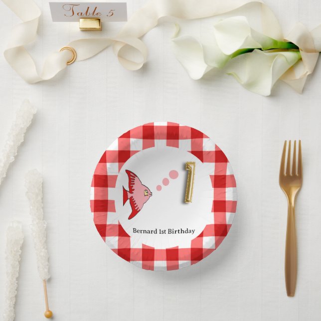 Cute Gingham, Red Fish & Balloon 1st Birthday Paper Plate (Wedding)